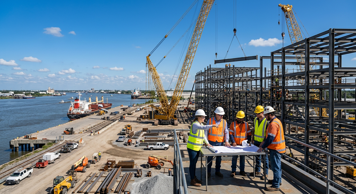 Engineering contractors reviewing plans on site