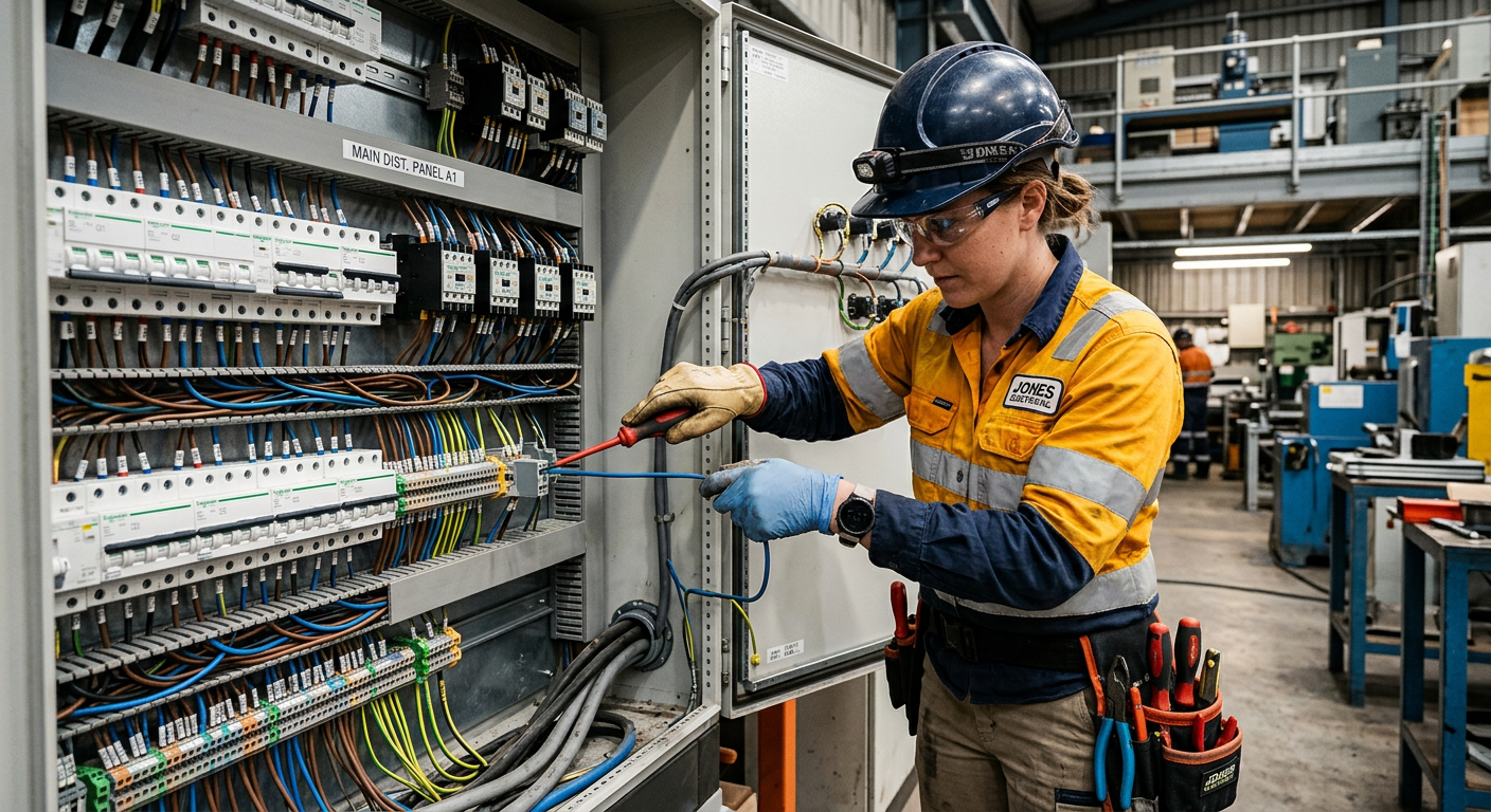 Electrician installing wiring in a control panel