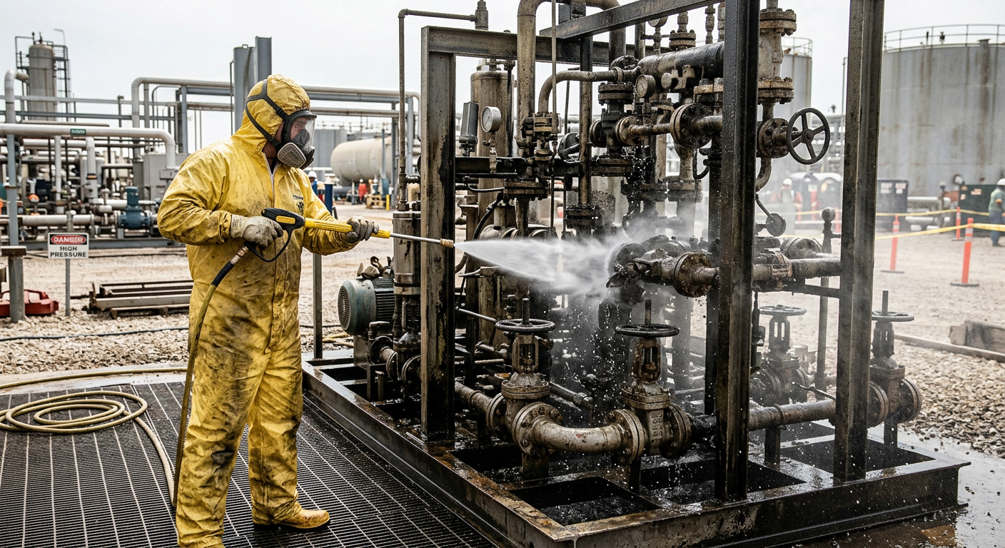 Skid unit being cleaned by industrial workers